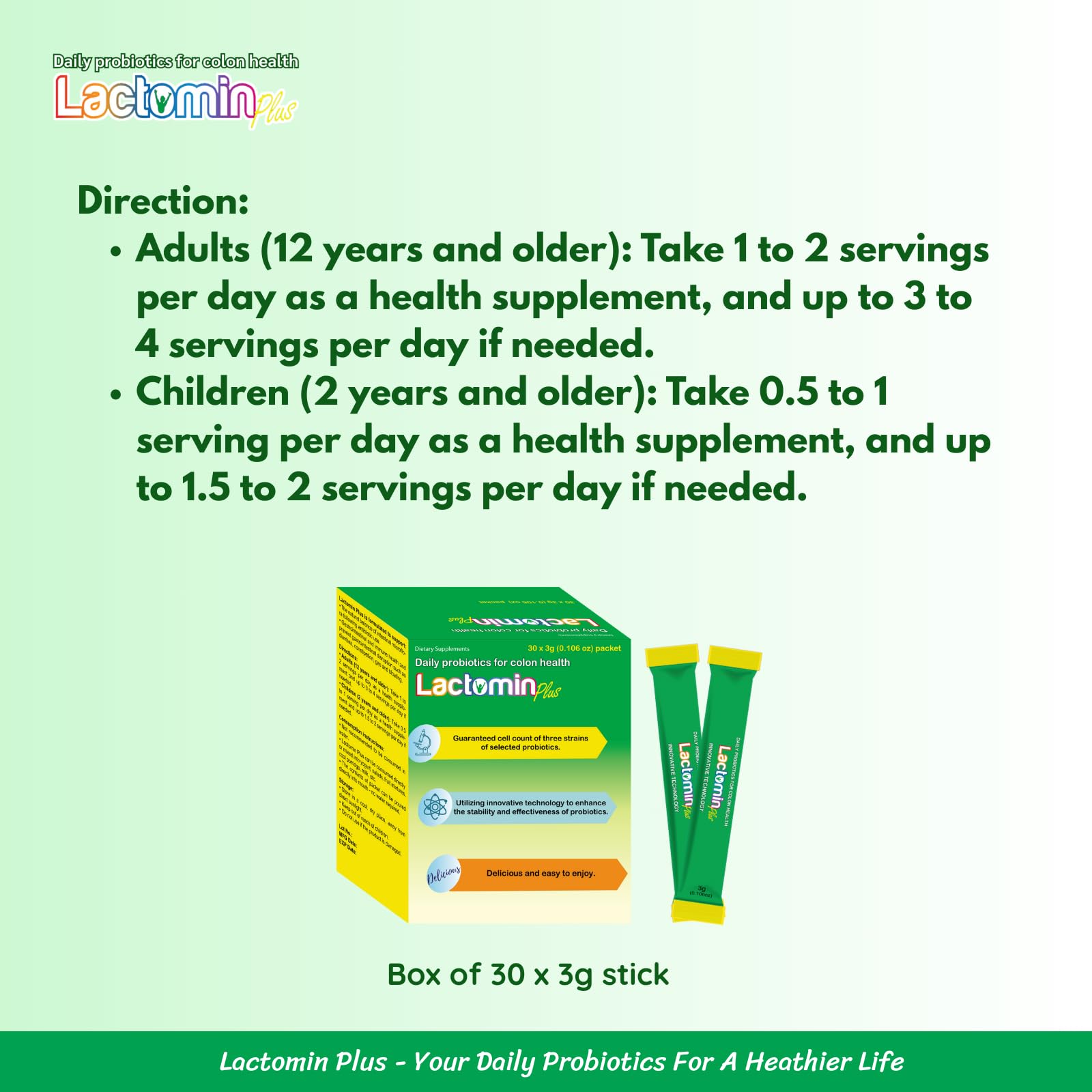 Probiotics - LactominPlus-3 Probiotics Strains - Powder - Sweet Yogurt Flavor - 30 Sticks x 3g (1month), 1.5 Billion CFU, with Prebiotics(FOS), Constipation & Bloating Relief, Microencapsulated - OzHealthStandard
