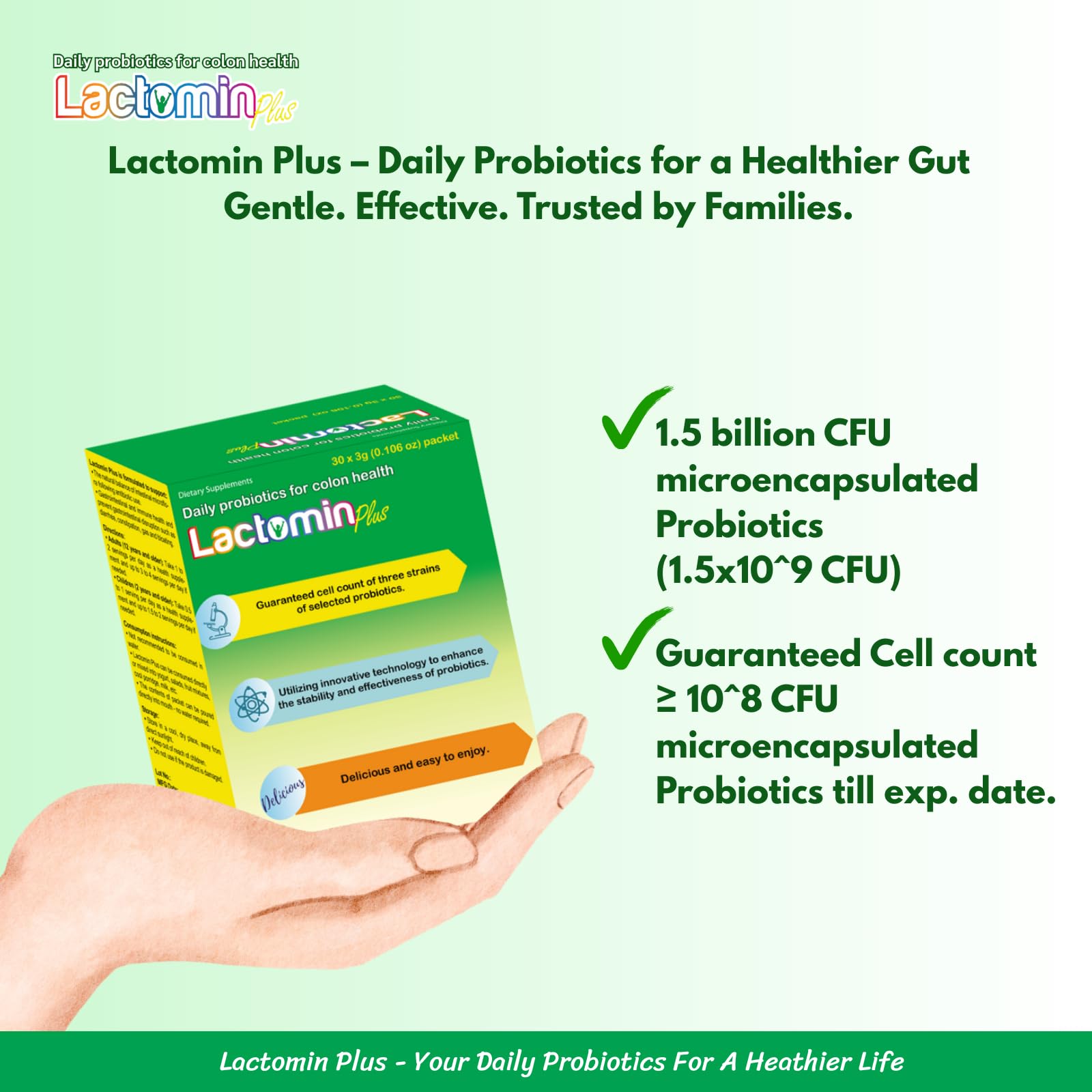 Probiotics - LactominPlus-3 Probiotics Strains - Powder - Sweet Yogurt Flavor - 30 Sticks x 3g (1month), 1.5 Billion CFU, with Prebiotics(FOS), Constipation & Bloating Relief, Microencapsulated - OzHealthStandard