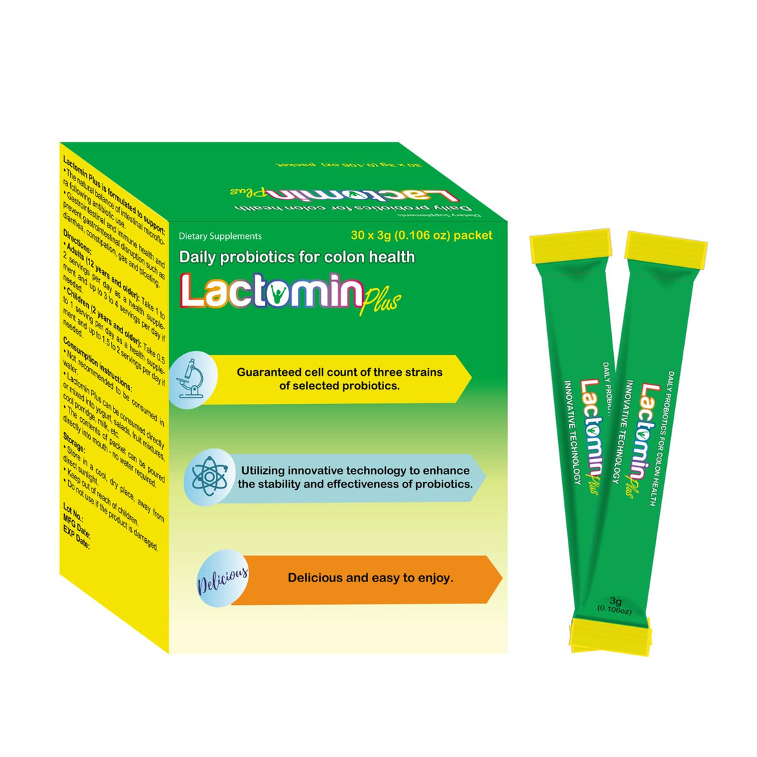 Probiotics - LactominPlus-3 Probiotics Strains - Powder - Sweet Yogurt Flavor - 30 Sticks x 3g (1month), 1.5 Billion CFU, with Prebiotics(FOS), Constipation & Bloating Relief, Microencapsulated - OzHealthStandard