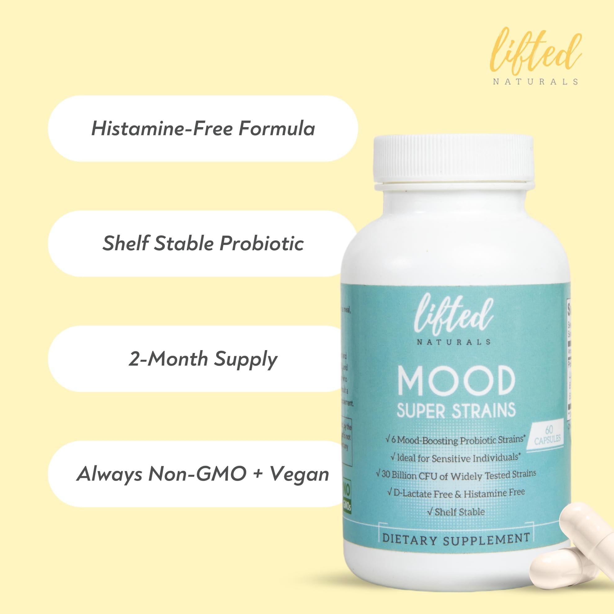 Probiotics - Mood Super Strains Probiotic - Naturally Supports Digestion & Mood - Histamine-Free Probiotics w/ L Rhamnosus GG, Shelf Stable Probiotic Supplement, 60 Day Supply, Non-GMO, VEGAN - OzHealthStandard