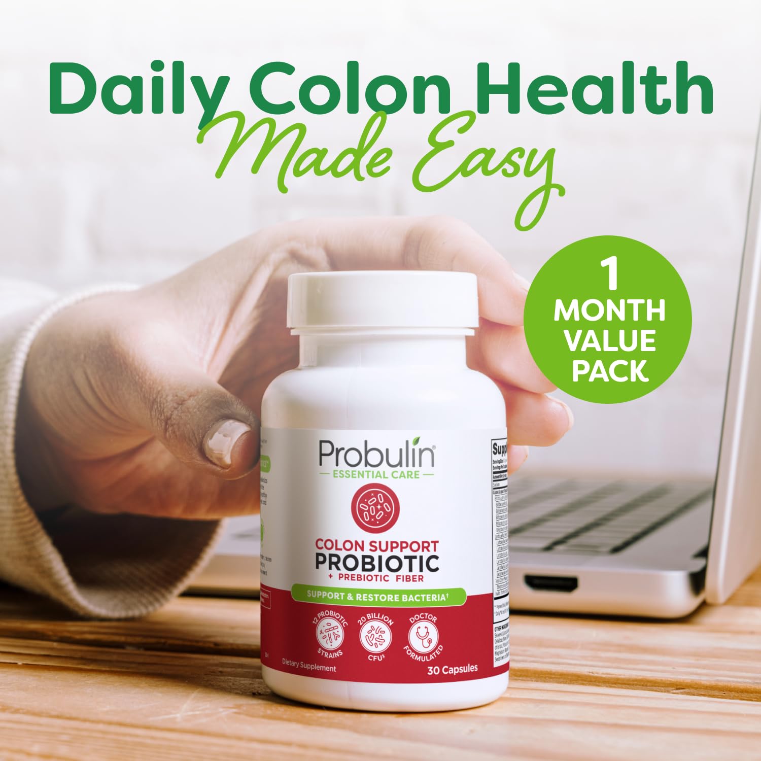 Probulin Colon Support Probiotic Supplement, Daily Gut, Digestive, and Immune Health Probiotics Capsules for Men and Women, 20 Billion CFU, Vegan, 30 Count Bottle - OzHealthStandard