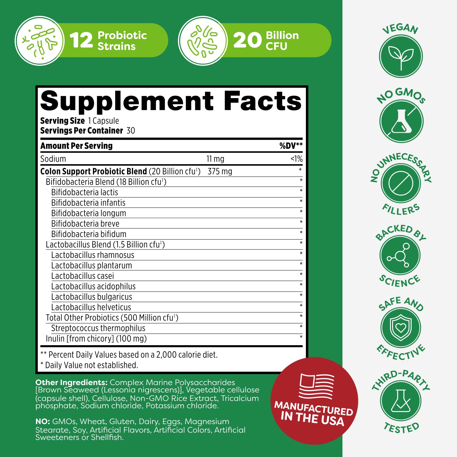 Probulin Colon Support Probiotic Supplement, Daily Gut, Digestive, and Immune Health Probiotics Capsules for Men and Women, 20 Billion CFU, Vegan, 30 Count Bottle - OzHealthStandard