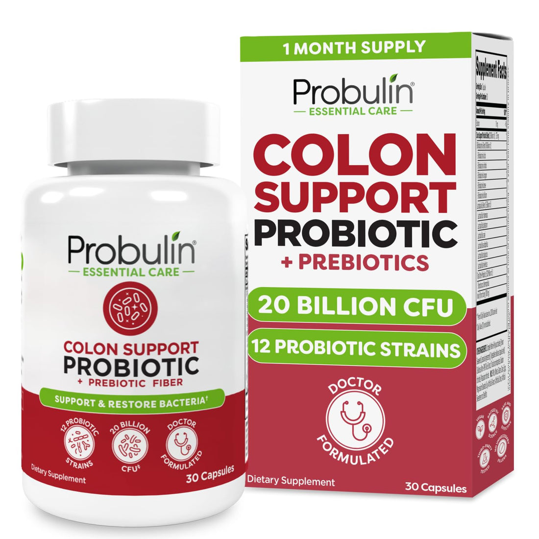 Probulin Colon Support Probiotic Supplement, Daily Gut, Digestive, and Immune Health Probiotics Capsules for Men and Women, 20 Billion CFU, Vegan, 30 Count Bottle - OzHealthStandard