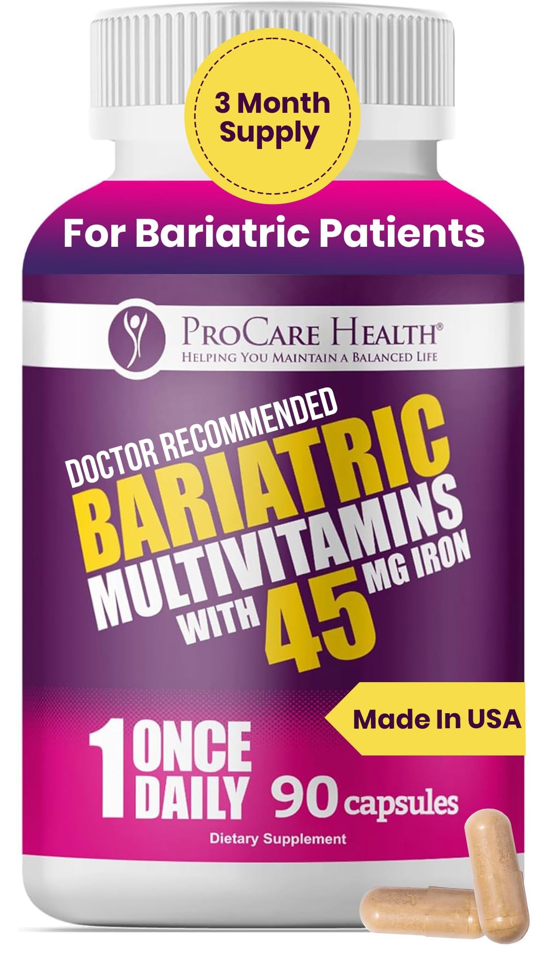 ProCare Health Bariatric Multivitamin 45mg Iron – Once Daily Capsule for Gastric Bypass, Sleeve & Post-Op Support – 90 Easy-to-Swallow Capsules - OzHealthStandard