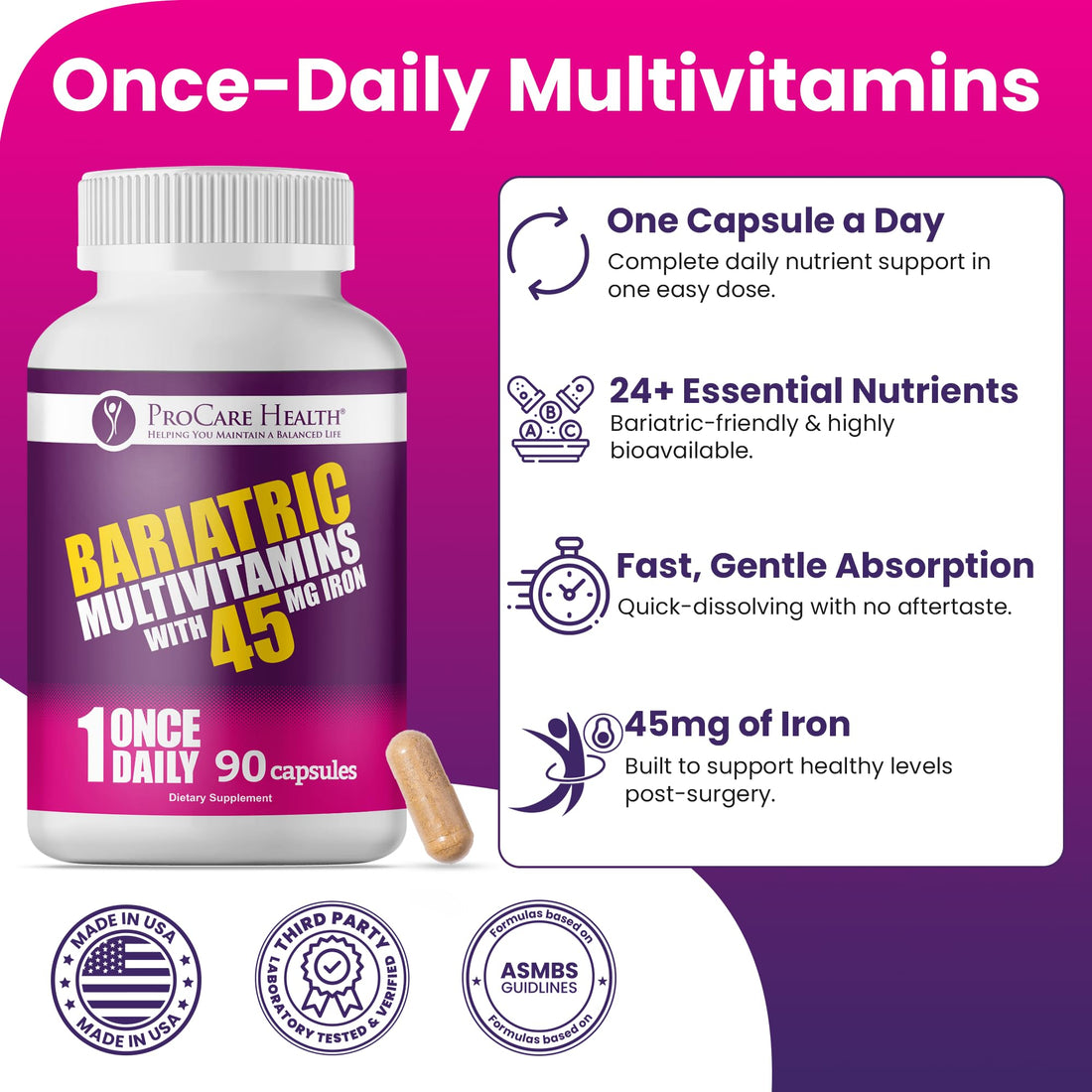ProCare Health Bariatric Multivitamin 45mg Iron – Once Daily Capsule for Gastric Bypass, Sleeve & Post-Op Support – 90 Easy-to-Swallow Capsules - OzHealthStandard