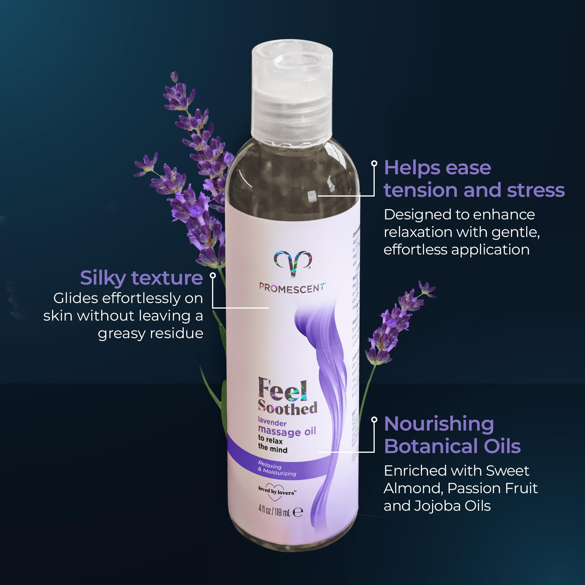 Promescent Lavender Massage Oil for Massage Therapy, Massage Oils for Date Night, Premium Lavender Body Oil for Men & Women to Relieve Stress & Sore Muscles, Essential Oils for Skin (4 oz) - OzHealthStandard