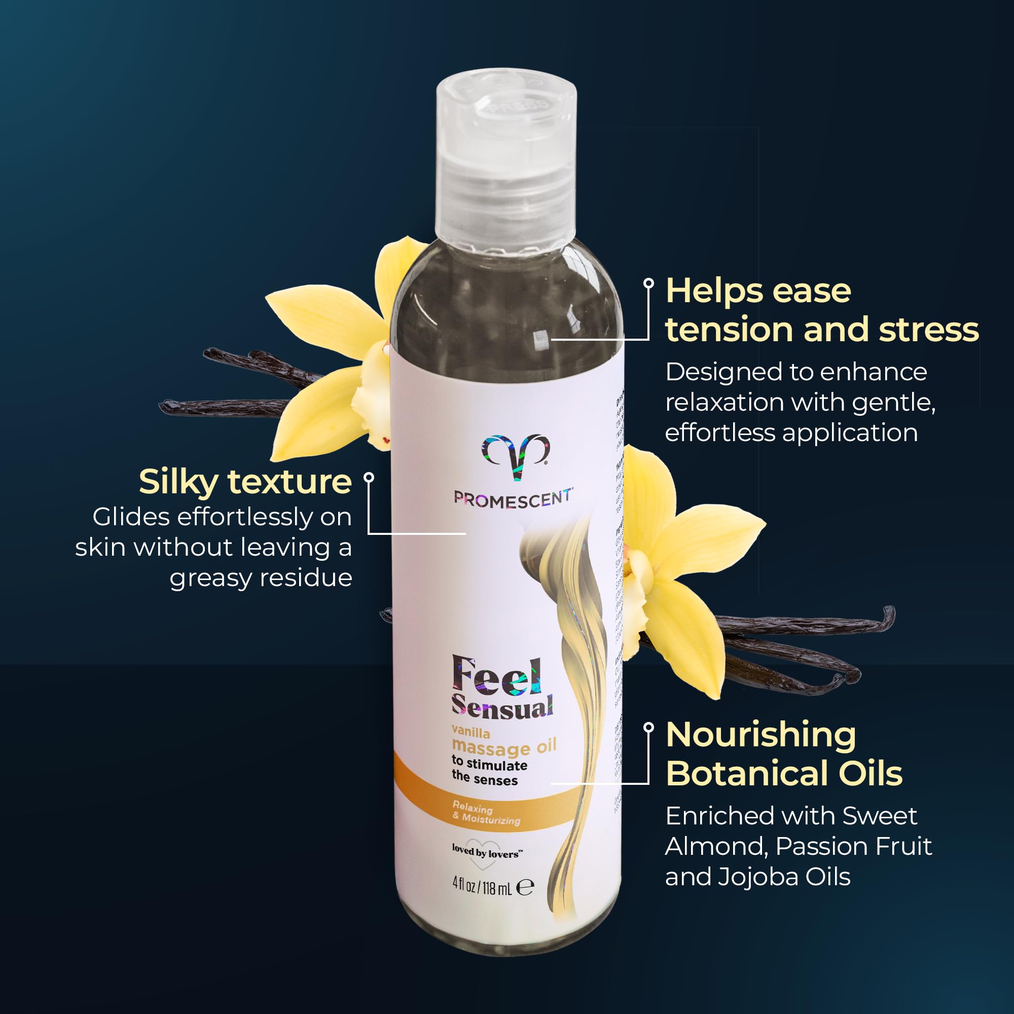 Promescent Massage Oil for Massage Therapy, Massage Oils for Date Night, Premium Body Oil for Men & Women to Relieve Stress & Sore Muscles, Essential Oils for Skin (4 oz) (Vanilla) - OzHealthStandard