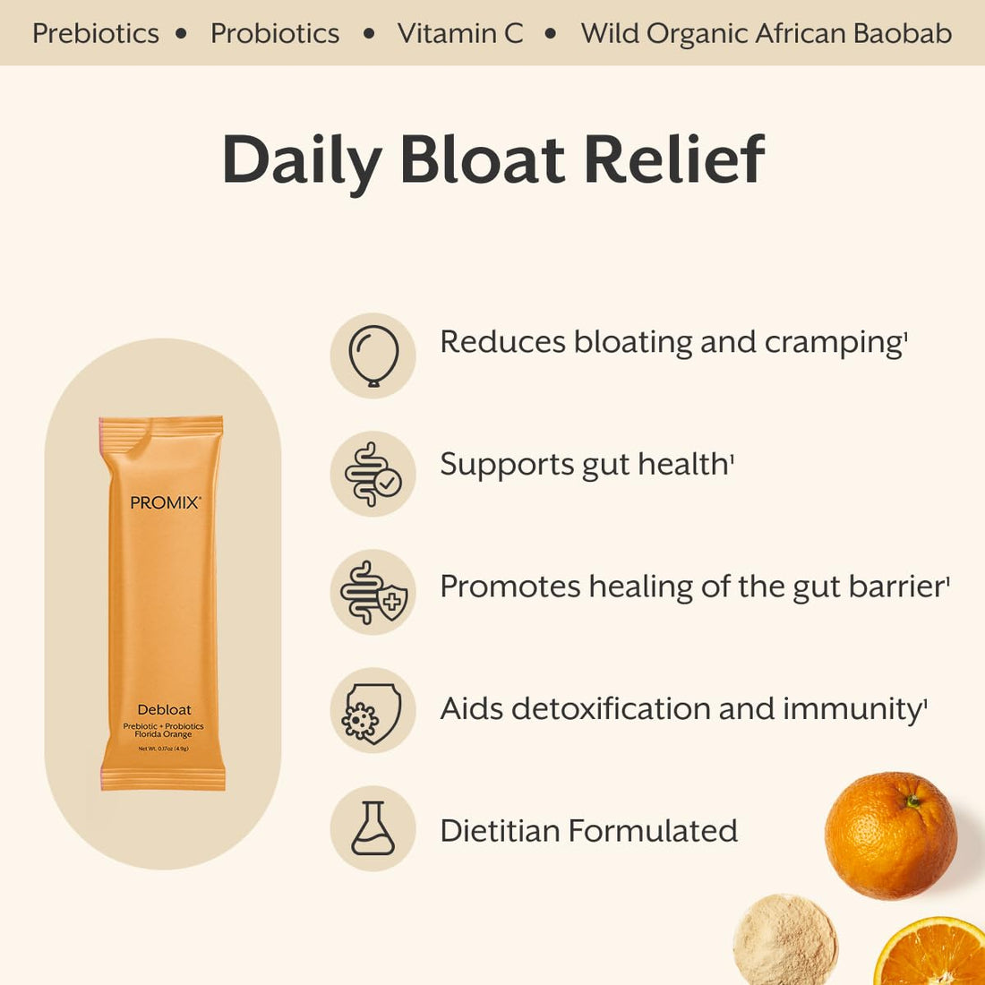 ProMix Nutrition Debloat Prebiotics and Probiotics with Baobab - Rich in Vitamin C, Bloating Relief, Immune Support - OzHealthStandard
