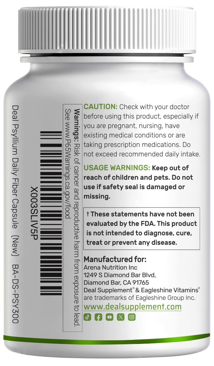 Psyllium Husk 1500mg Per Serving, 300 Capsules – 3 in 1 Fiber Supplement with Inulin & Acacia Complex – Natural Soluble Fiber - OzHealthStandard