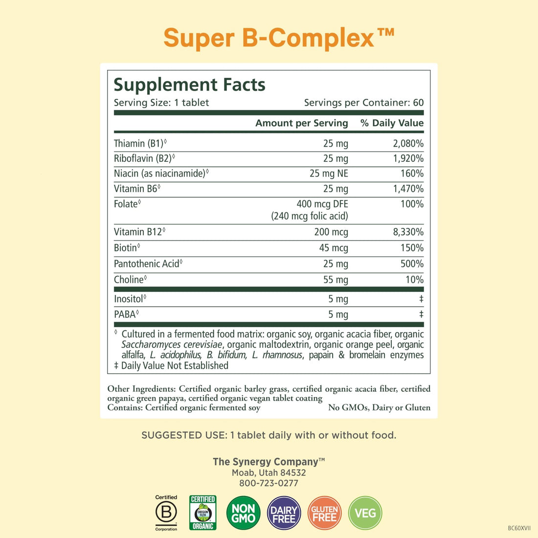 PURE SYNERGY Super B-Complex | Vitamin B Complex Made with Organic Whole Foods | Vegan Supplement with Natural Vitamin B12, Niacin, and Folate | for Energy - OzHealthStandard