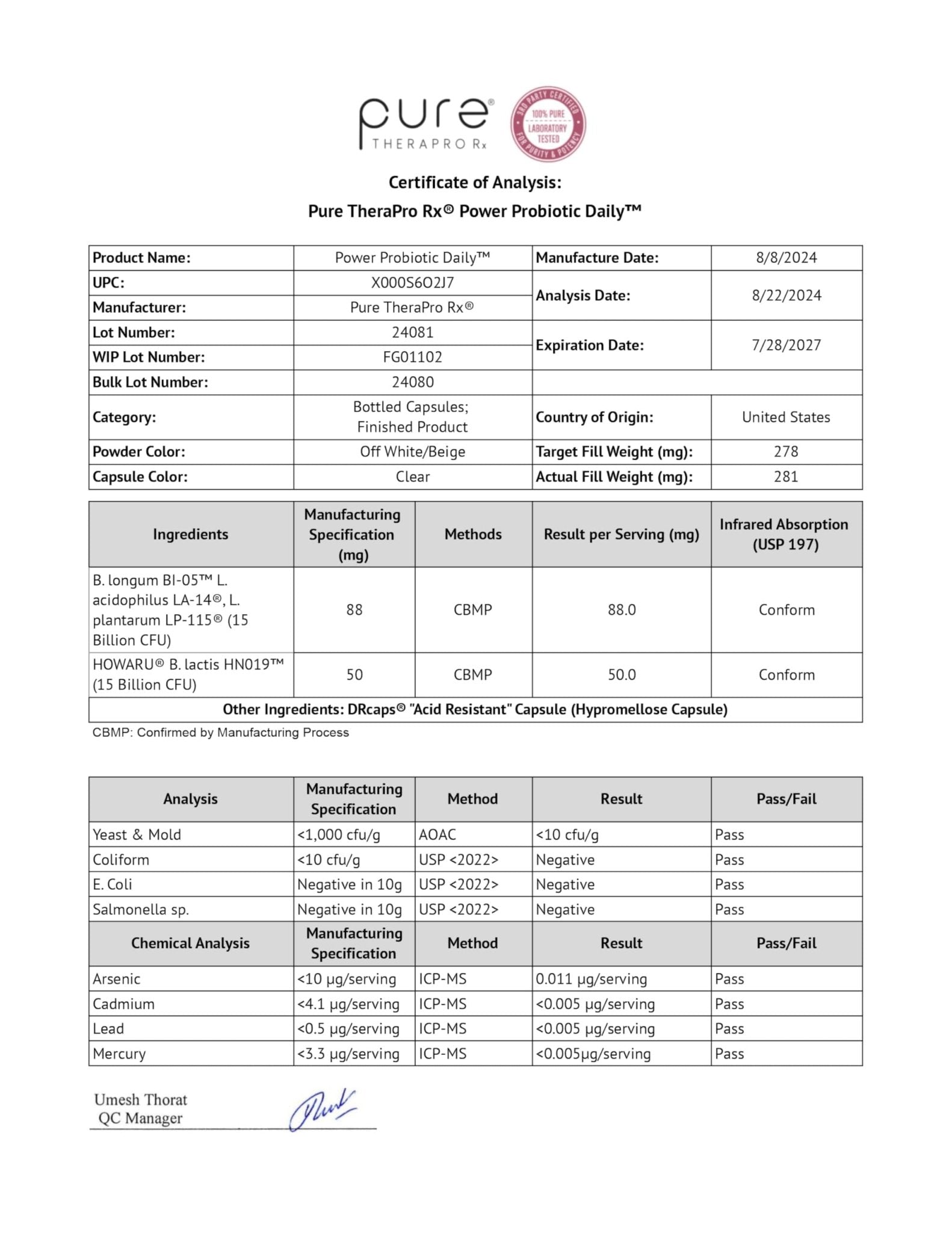 Pure Therapro Rx Power Probiotic Daily - 30 Acid-Resistant Capsules | 4 Proven Strains - 30 Billion CFU/Capsule | Patented Activ-Vial Desiccant Bottle - OzHealthStandard