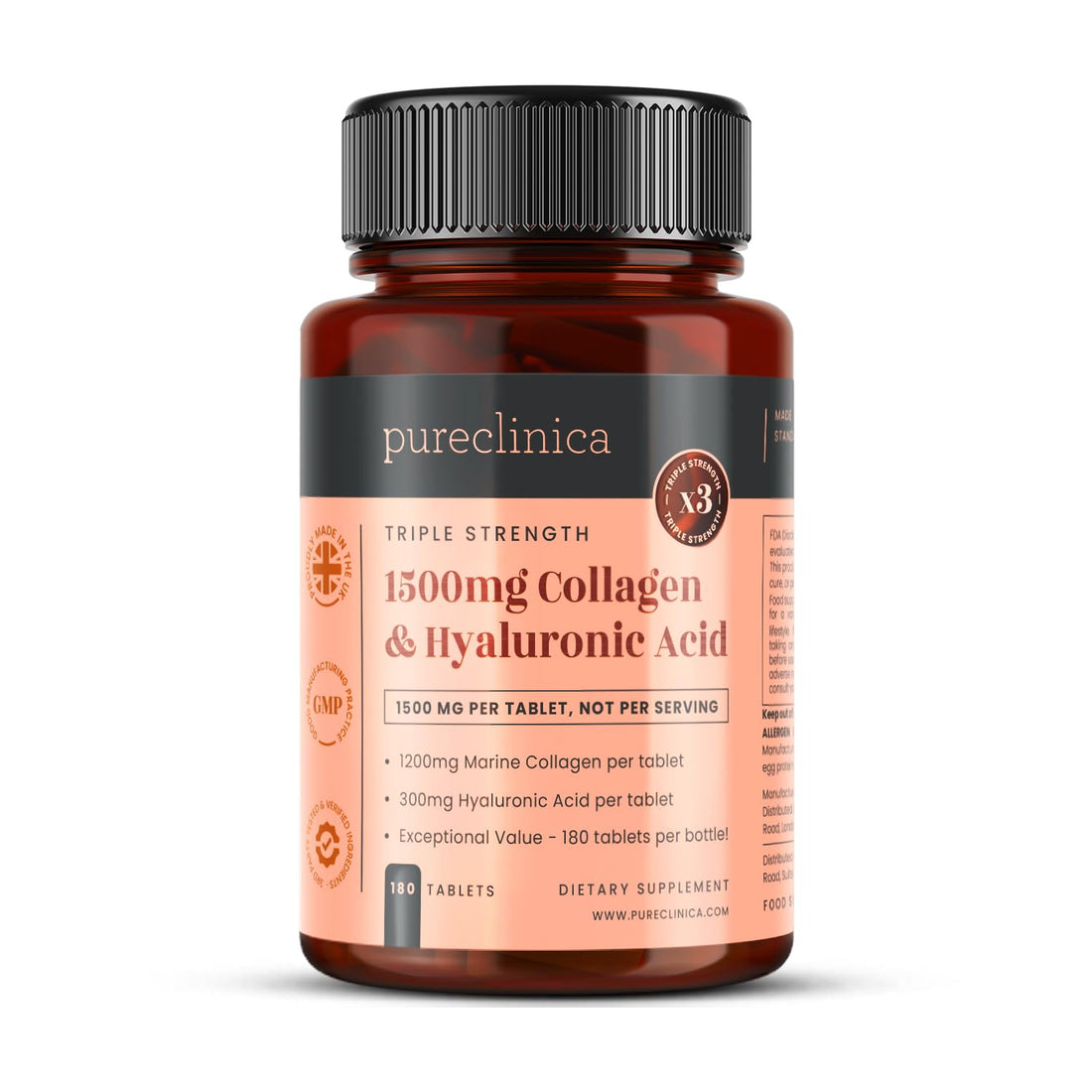 pureclinica 1500mg UltraColl Collagen (1200mg) and Hyaluronic Acid (300mg) x 180 Tablets - 6 Months Supply - OzHealthStandard
