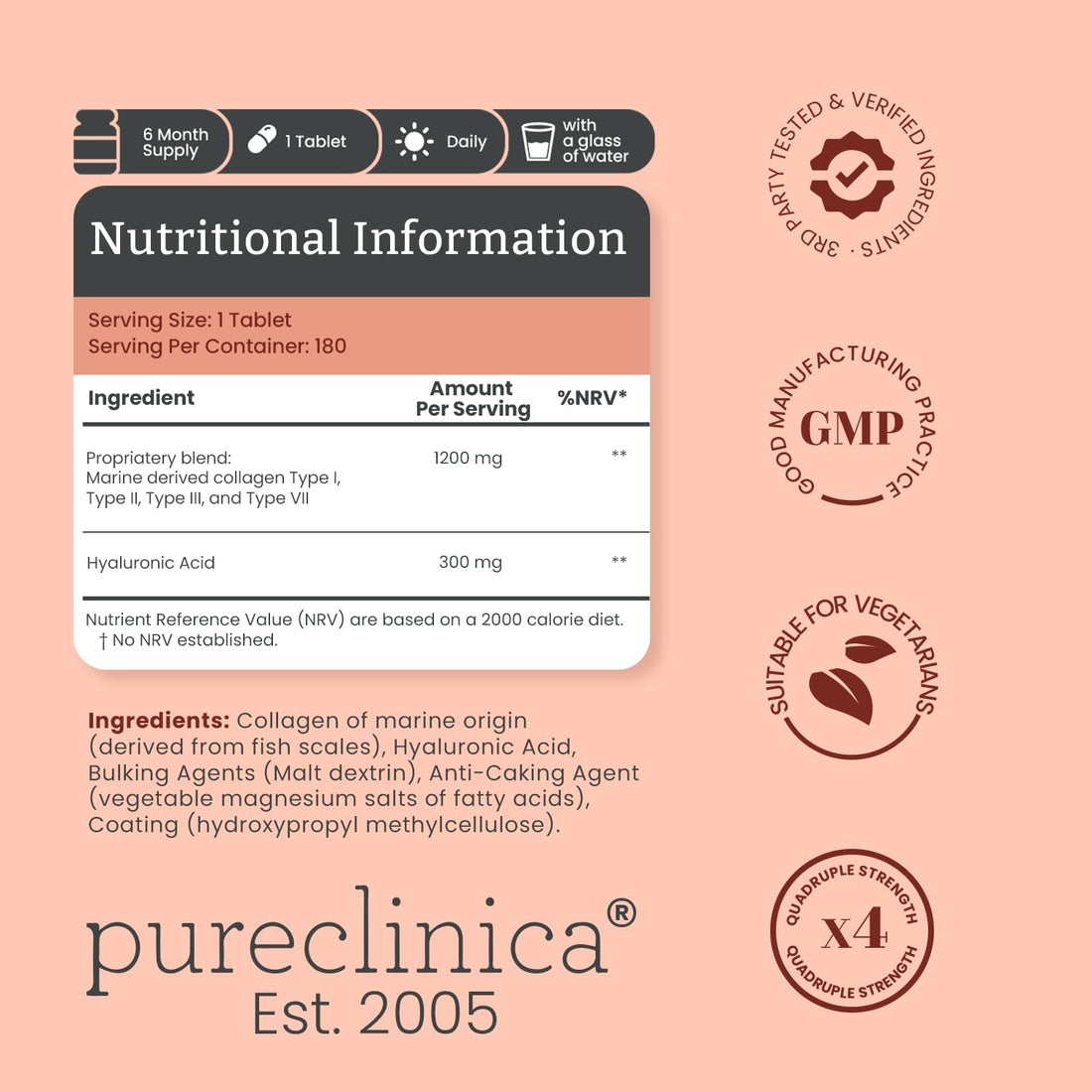 pureclinica 1500mg UltraColl Collagen (1200mg) and Hyaluronic Acid (300mg) x 180 Tablets - 6 Months Supply - OzHealthStandard