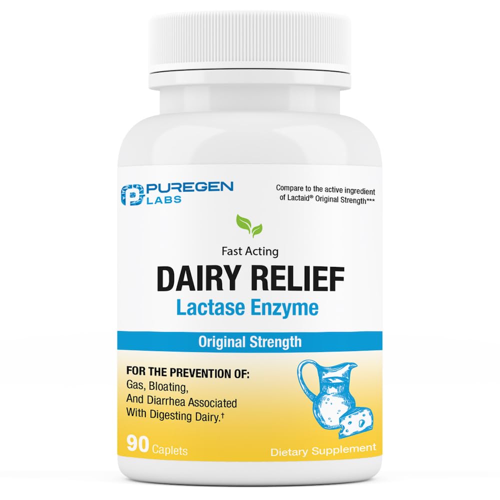 Puregen Labs Dairy Relief Natural Fast Acting Lactase Enzyme 3000 FCC, Lactose Intolerance Pills 90 Caplets - OzHealthStandard
