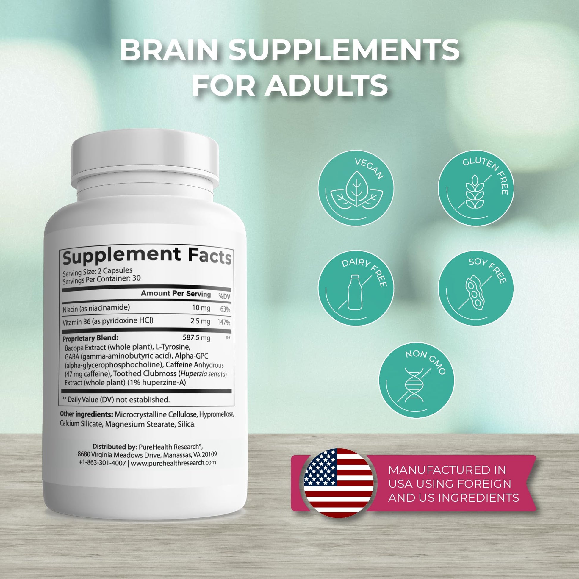 PUREHEALTH RESEARCH Ageless Brain Supplements for Memory and Focus - Nootropic Brain Health Supplement for Adults - with Bacopa Monieri, Alpha GPC, L-Tyrosine, Vitamin B6, Niacin & More, 60 Capsules - OzHealthStandard