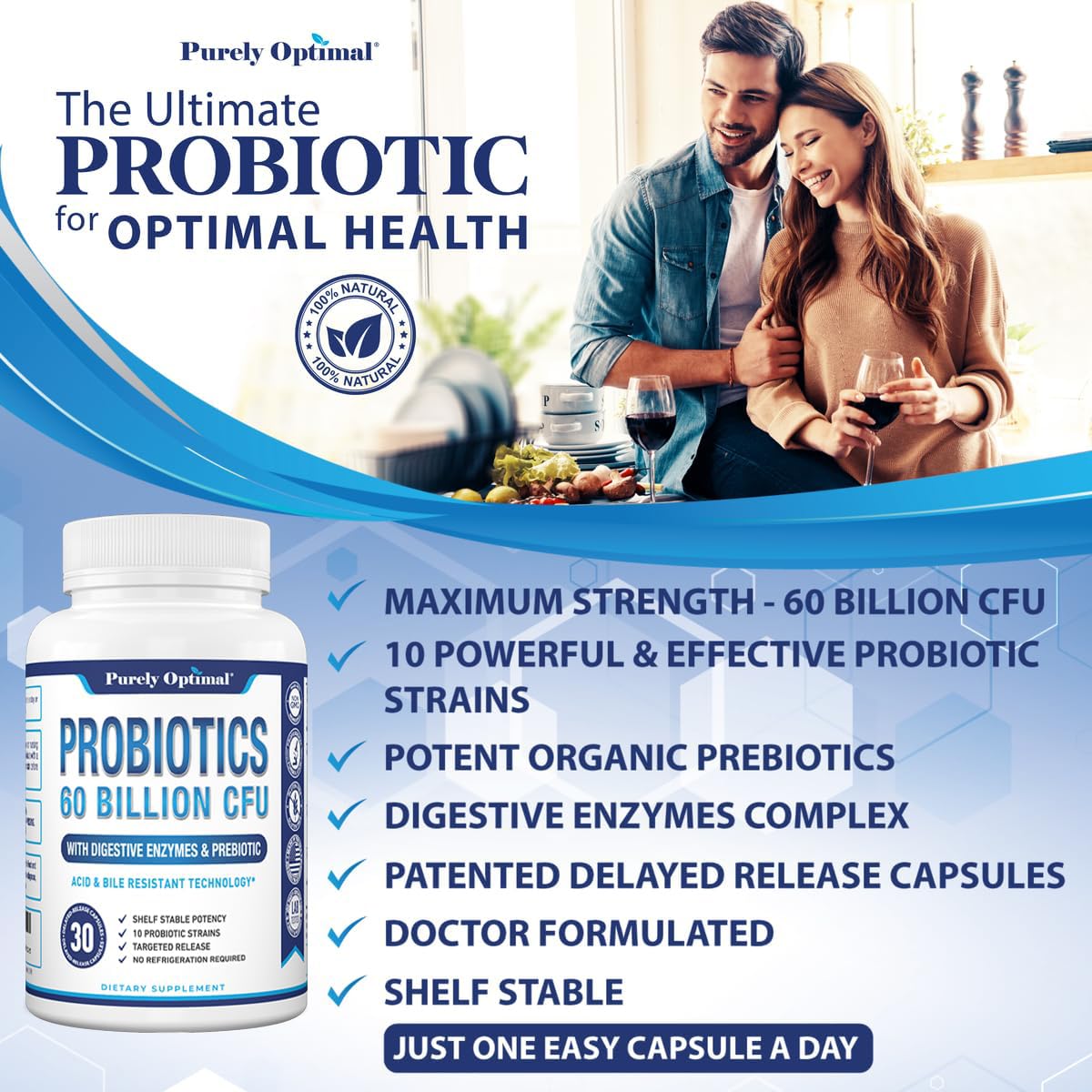 Purely Optimal Probiotics for Digestive Health, 60 Billion CFU – Delayed-Release with Digestive Enzymes & Organic Prebiotics – Bloating, Immune & Energy Support, 30 Caps - OzHealthStandard
