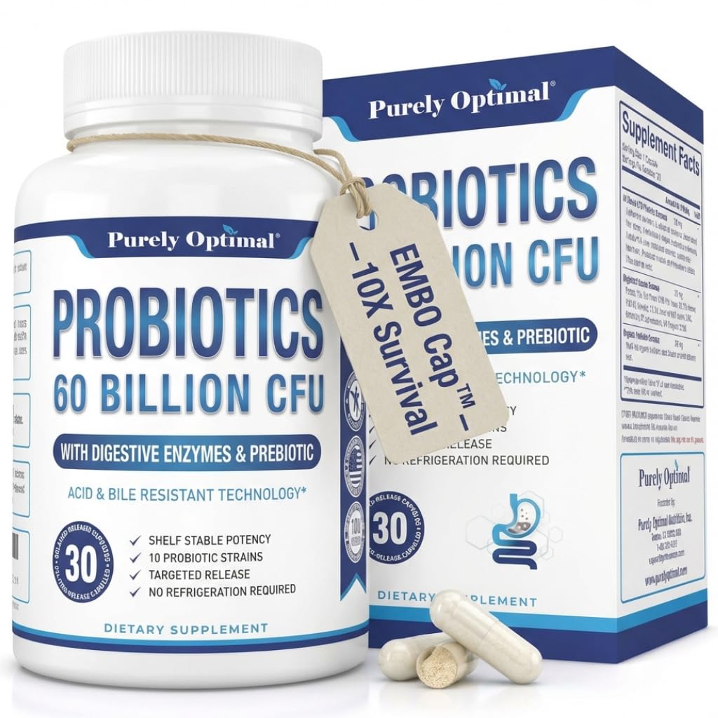 Purely Optimal Probiotics for Digestive Health, 60 Billion CFU – Delayed-Release with Digestive Enzymes & Organic Prebiotics – Bloating, Immune & Energy Support, 30 Caps - OzHealthStandard