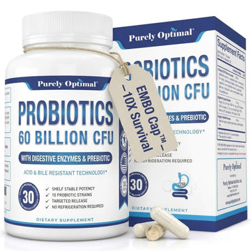 Purely Optimal Probiotics for Digestive Health, 60 Billion CFU – Delayed-Release with Digestive Enzymes & Organic Prebiotics – Bloating, Immune & Energy Support, 30 Caps - OzHealthStandard