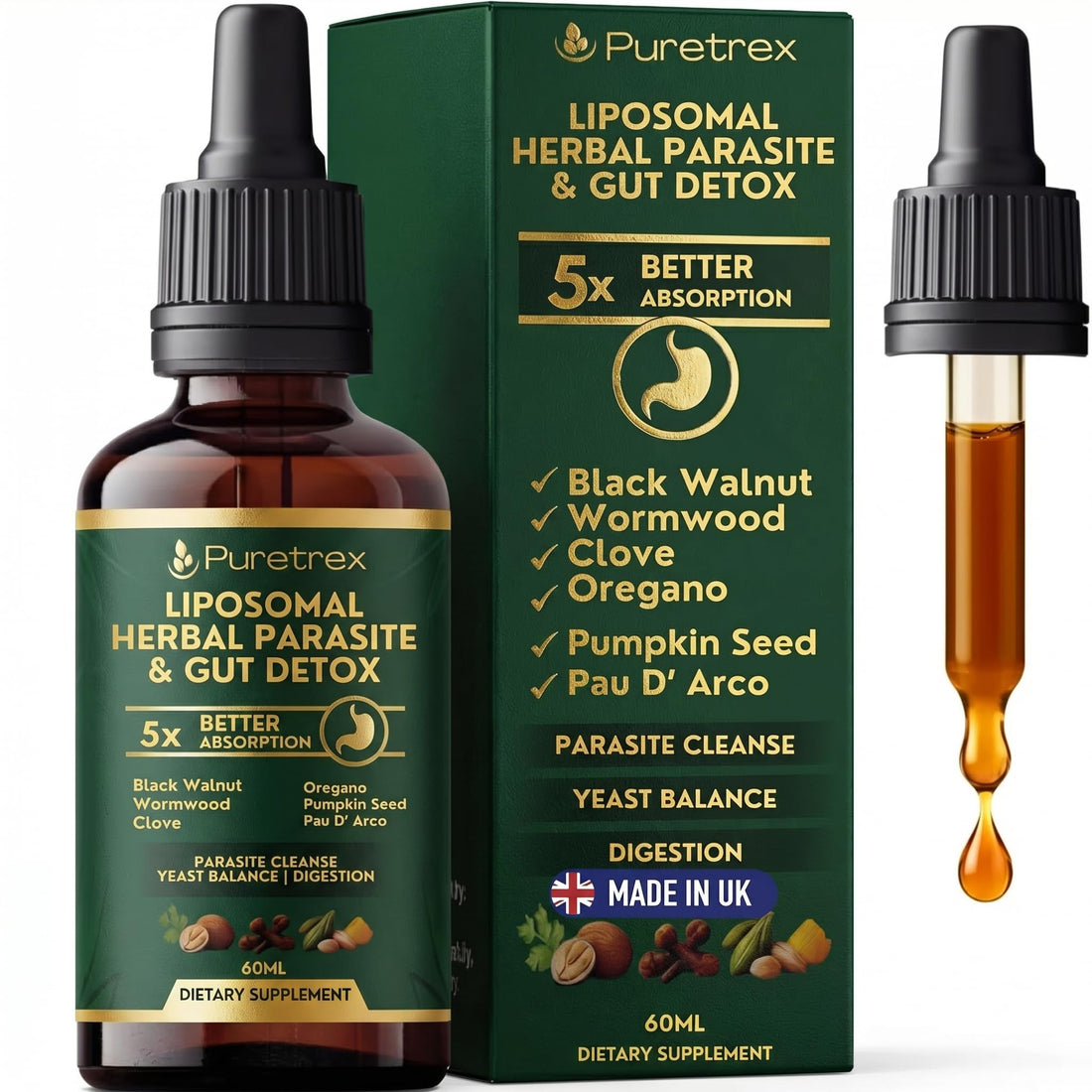 PURETREX Herbal Gut Detox & Cleanse Drops 2 fl oz, Liposomal Dewormer for Humans with Wormwood, Black Walnut, Clove, Pumpkin Seed, PAU D'Arco, Candida - OzHealthStandard
