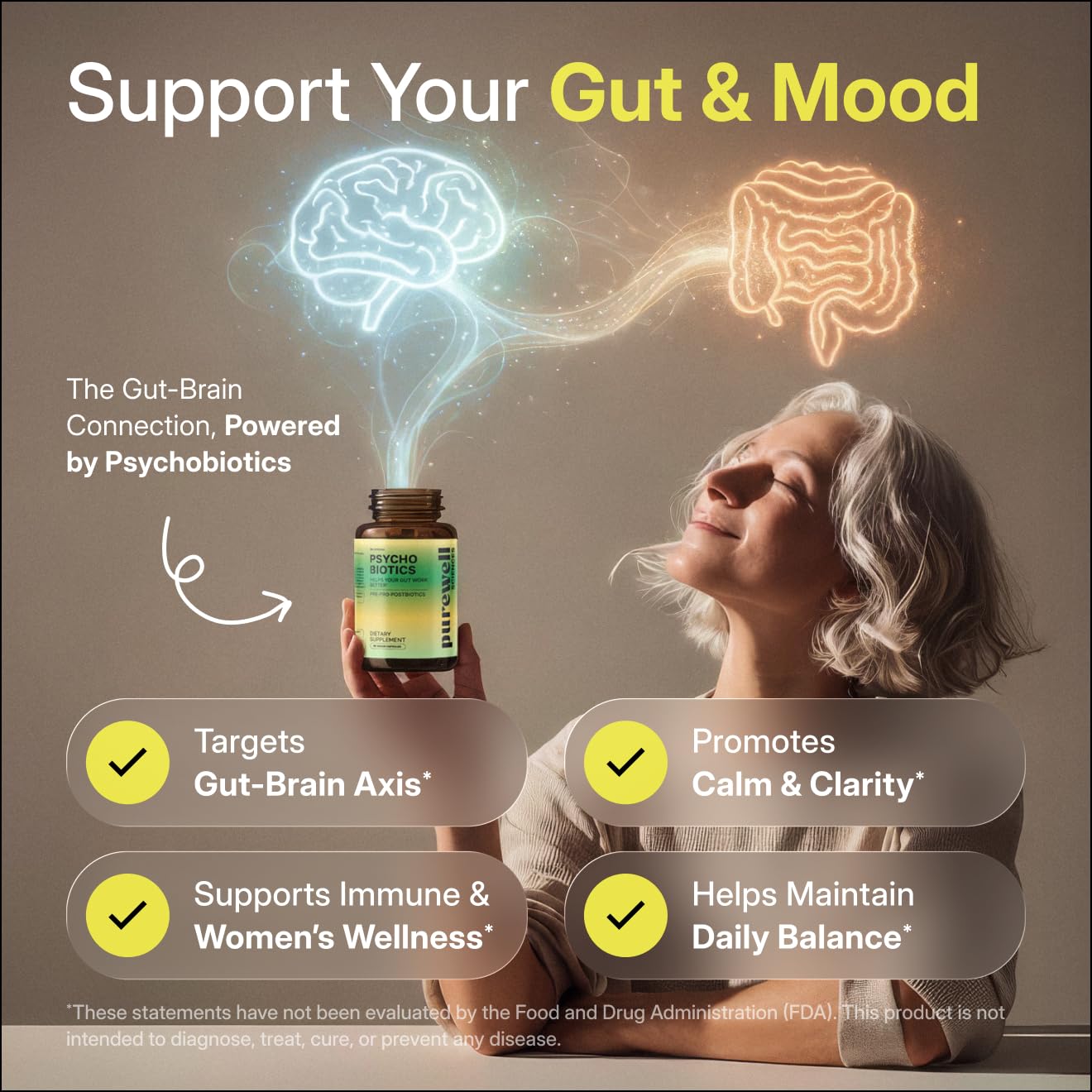 PUREWELL SCIENCES Psychobiotics – Advanced 3-in-1 Probiotic Prebiotic Postbiotic Supplement for Gut and Mood Support - 60 Vegan Probiotic Capsules – 50 Billion CFU – 1-Month Supply - OzHealthStandard