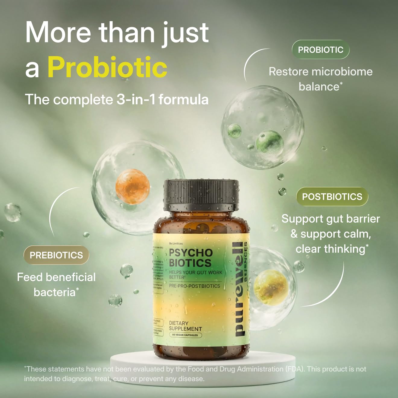 PUREWELL SCIENCES Psychobiotics – Advanced 3-in-1 Probiotic Prebiotic Postbiotic Supplement for Gut and Mood Support - 60 Vegan Probiotic Capsules – 50 Billion CFU – 1-Month Supply - OzHealthStandard