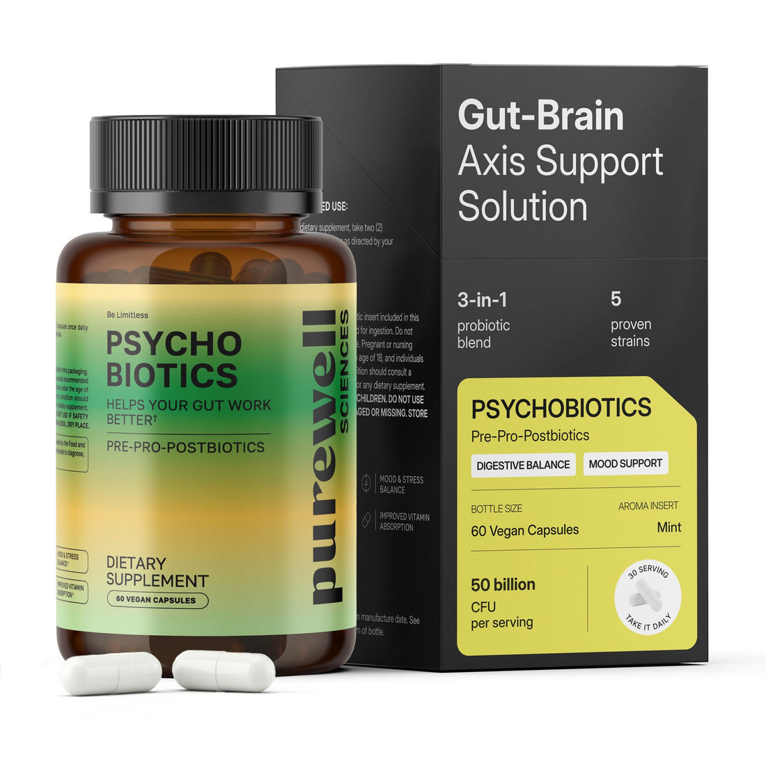 PUREWELL SCIENCES Psychobiotics – Advanced 3-in-1 Probiotic Prebiotic Postbiotic Supplement for Gut and Mood Support - 60 Vegan Probiotic Capsules – 50 Billion CFU – 1-Month Supply - OzHealthStandard