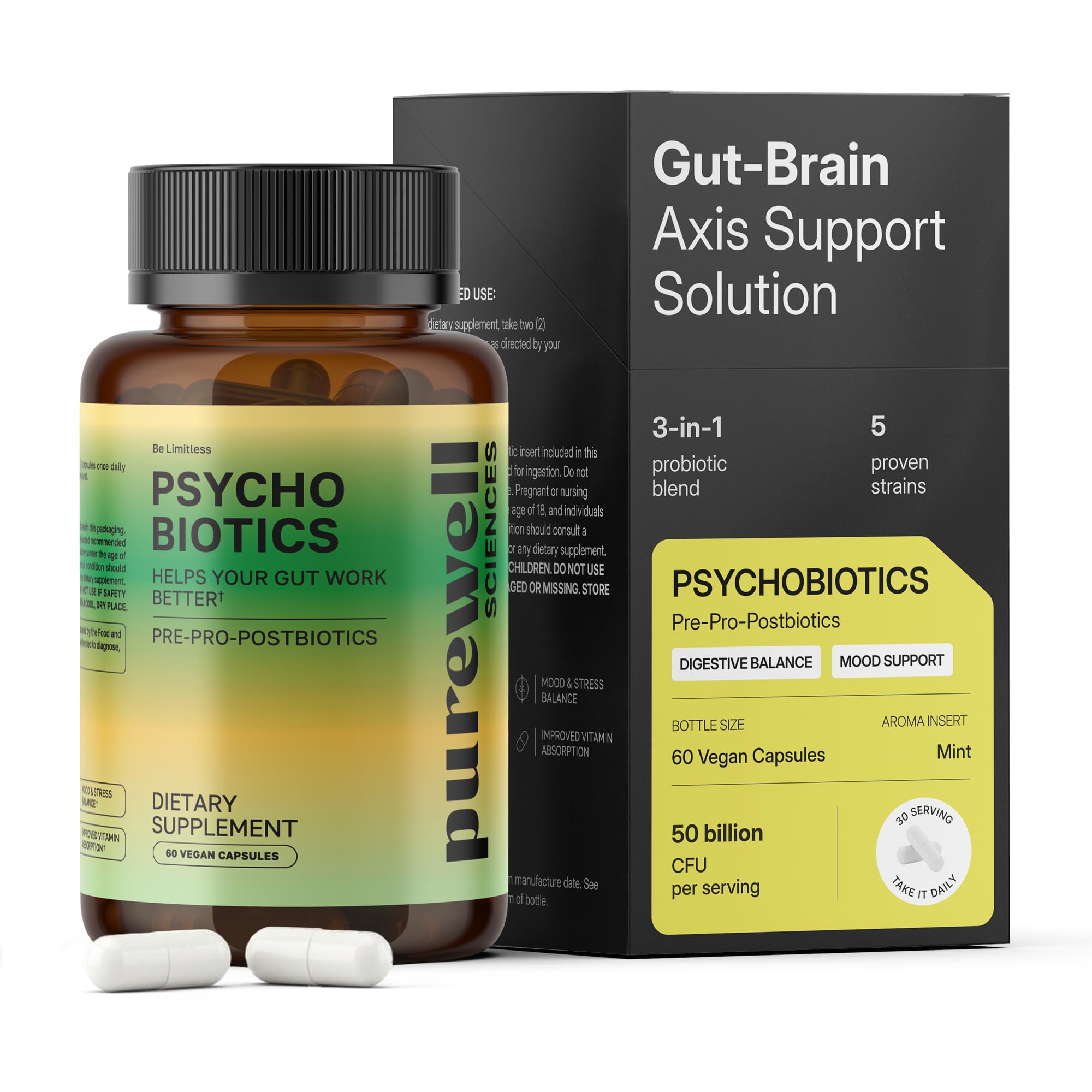 PUREWELL SCIENCES Psychobiotics – Advanced 3-in-1 Probiotic Prebiotic Postbiotic Supplement for Gut and Mood Support - 60 Vegan Probiotic Capsules – 50 Billion CFU – 1-Month Supply - OzHealthStandard