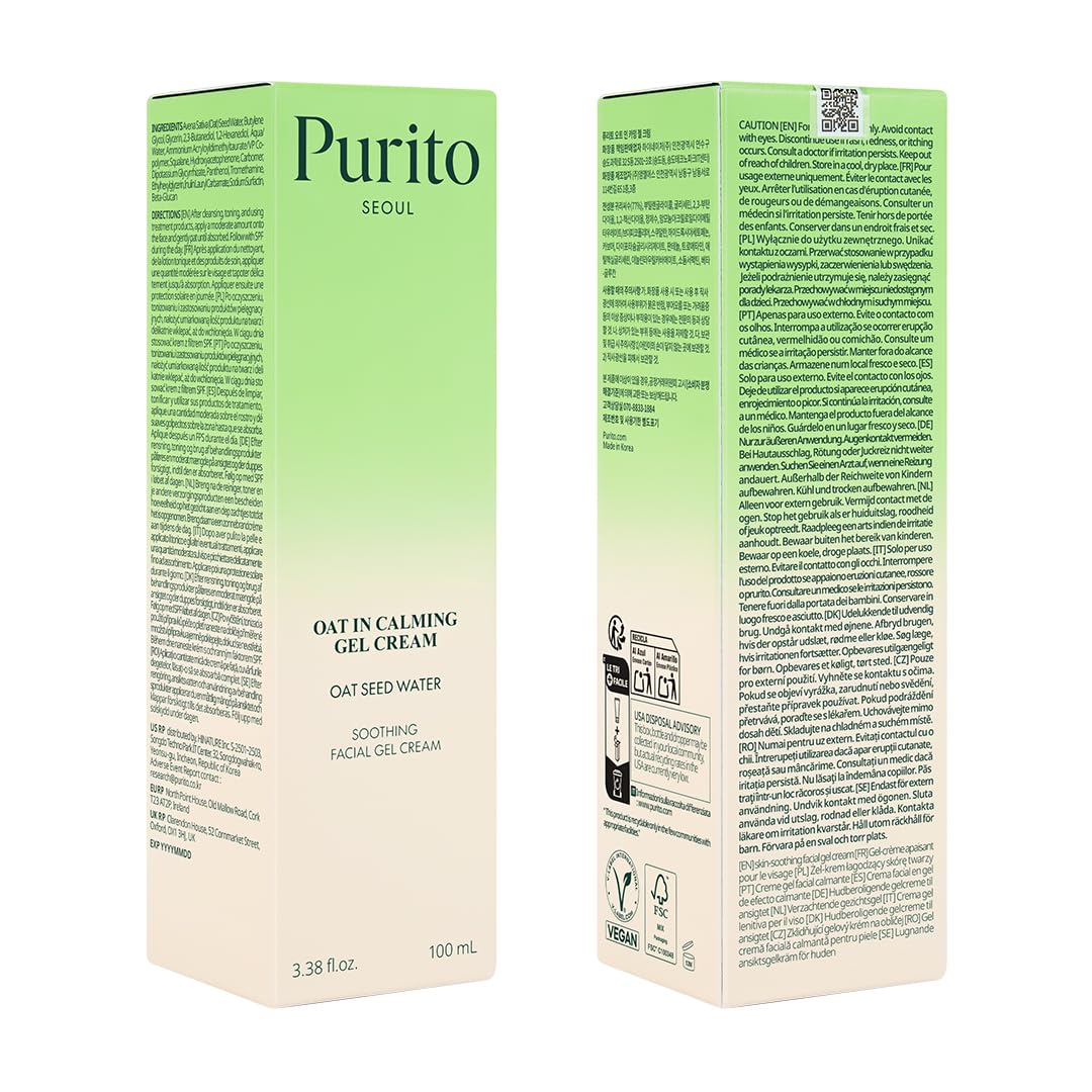 PURITO Oat In Calming Gel Cream, Non-Comedogenic, 77% Oat Seed Water Lightweight Water-Gel Face Moisturizer - OzHealthStandard