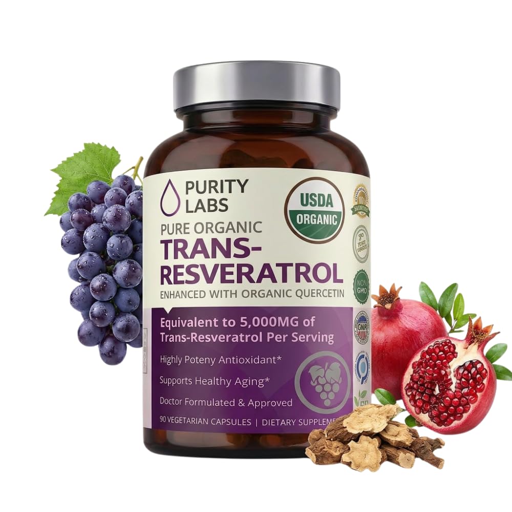 Purity Labs Trans-Resveratrol Supplement 5,000 mg Equivalent per Serving with Quercetin, USDA Organic High Potency Antioxidant, - OzHealthStandard
