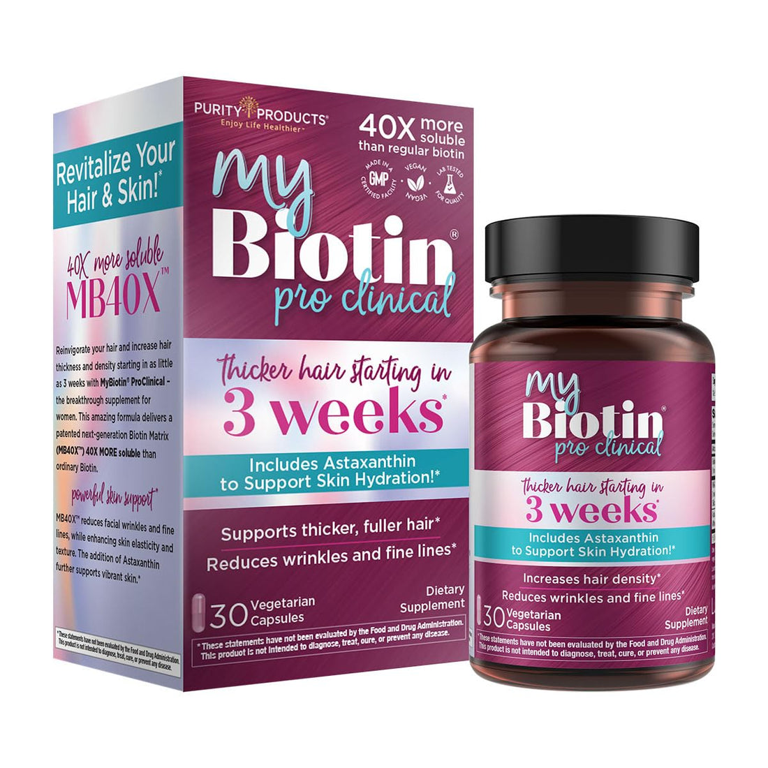 Purity Products MyBiotin ProClinical – Thicker Hair Starting in 3 Weeks & Fights Wrinkles - MB40X Patented Biotin Vitamin B7 Matrix w/Astaxanthin - OzHealthStandard