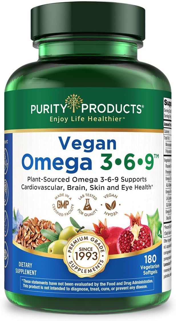 Purity Products Vegan Omega 3 6 9 Formula - “5 in 1” Essential Fatty Acid Complex - Scientifically Formulated Plant-Based Vegan Omega 3-6-9 Essential Fatty Acids - OzHealthStandard