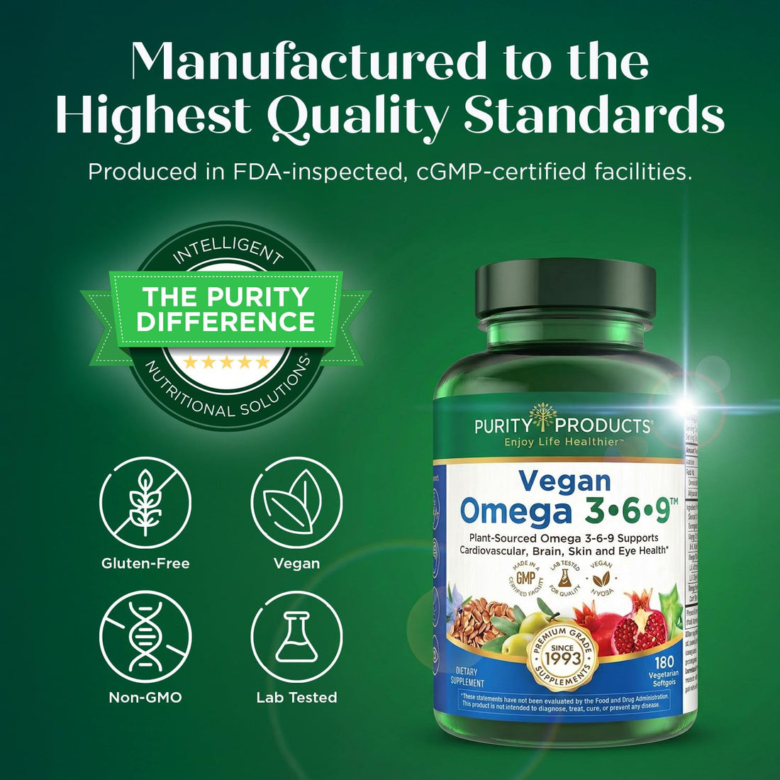 Purity Products Vegan Omega 3 6 9 Formula - “5 in 1” Essential Fatty Acid Complex - Scientifically Formulated Plant-Based Vegan Omega 3-6-9 Essential Fatty Acids - OzHealthStandard