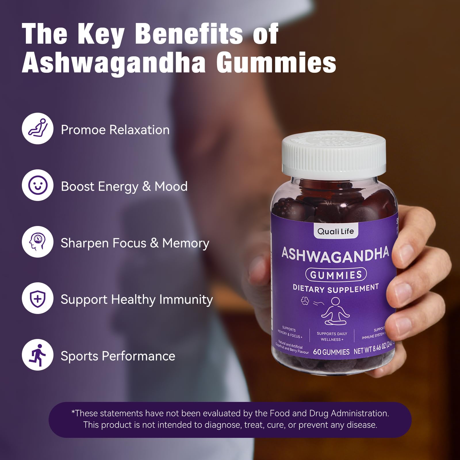 QualiLife Ashwagandha Gummies for Relax & Cortisol Support – High Strength Root Extract with Cranberry & Chaste Tree, Grapefruit & Berry Flavour – Vegan, Non-GMO, Gluten-Free – 60 Gummies (30 Days) - OzHealthStandard