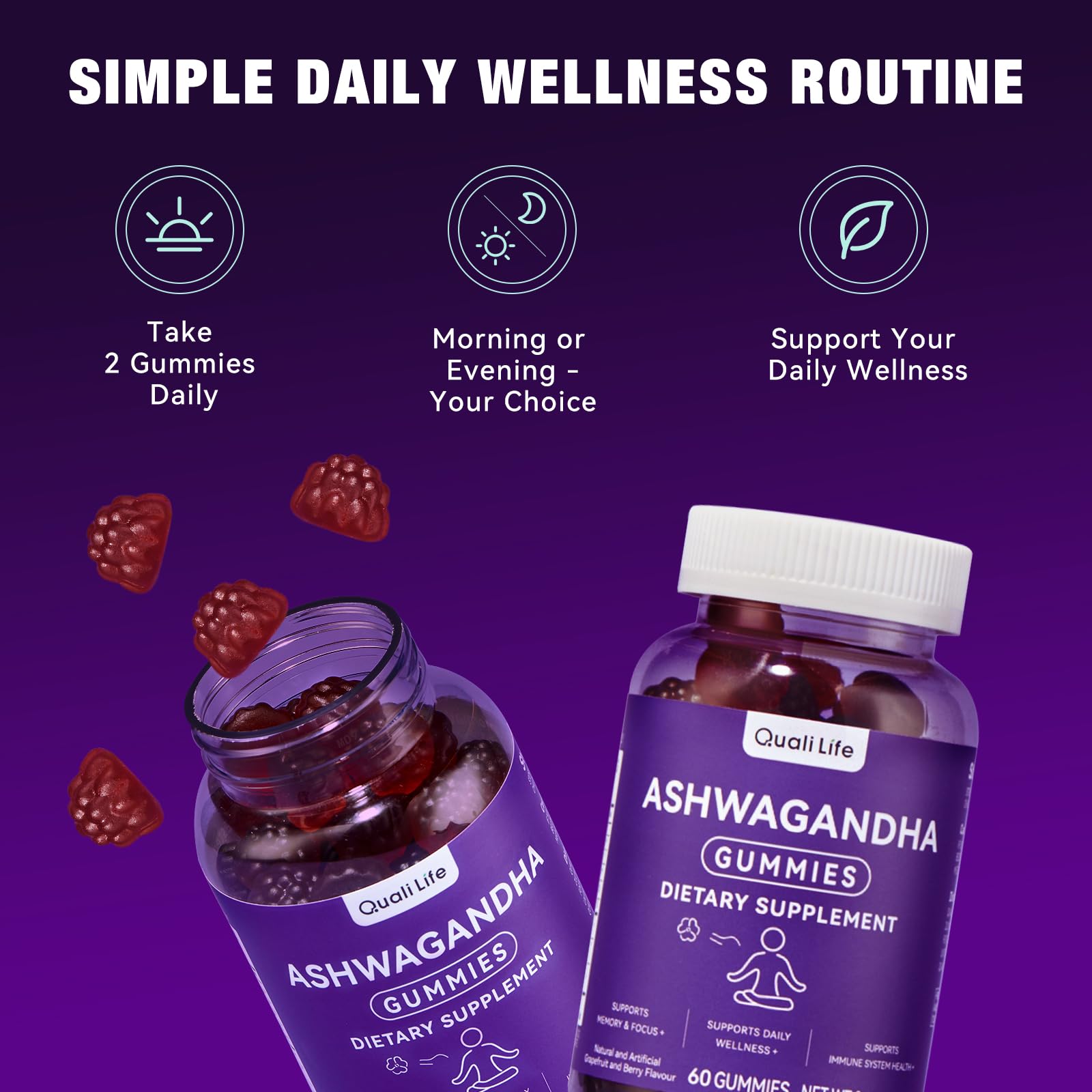 QualiLife Ashwagandha Gummies for Relax & Cortisol Support – High Strength Root Extract with Cranberry & Chaste Tree, Grapefruit & Berry Flavour – Vegan, Non-GMO, Gluten-Free – 60 Gummies (30 Days) - OzHealthStandard