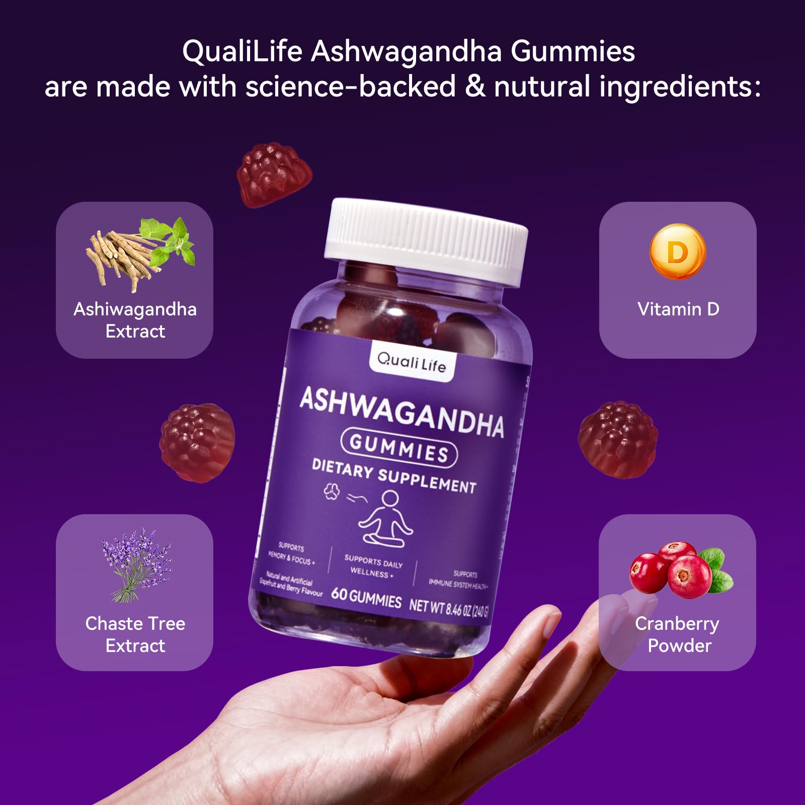 QualiLife Ashwagandha Gummies for Relax & Cortisol Support – High Strength Root Extract with Cranberry & Chaste Tree, Grapefruit & Berry Flavour – Vegan, Non-GMO, Gluten-Free – 60 Gummies (30 Days) - OzHealthStandard