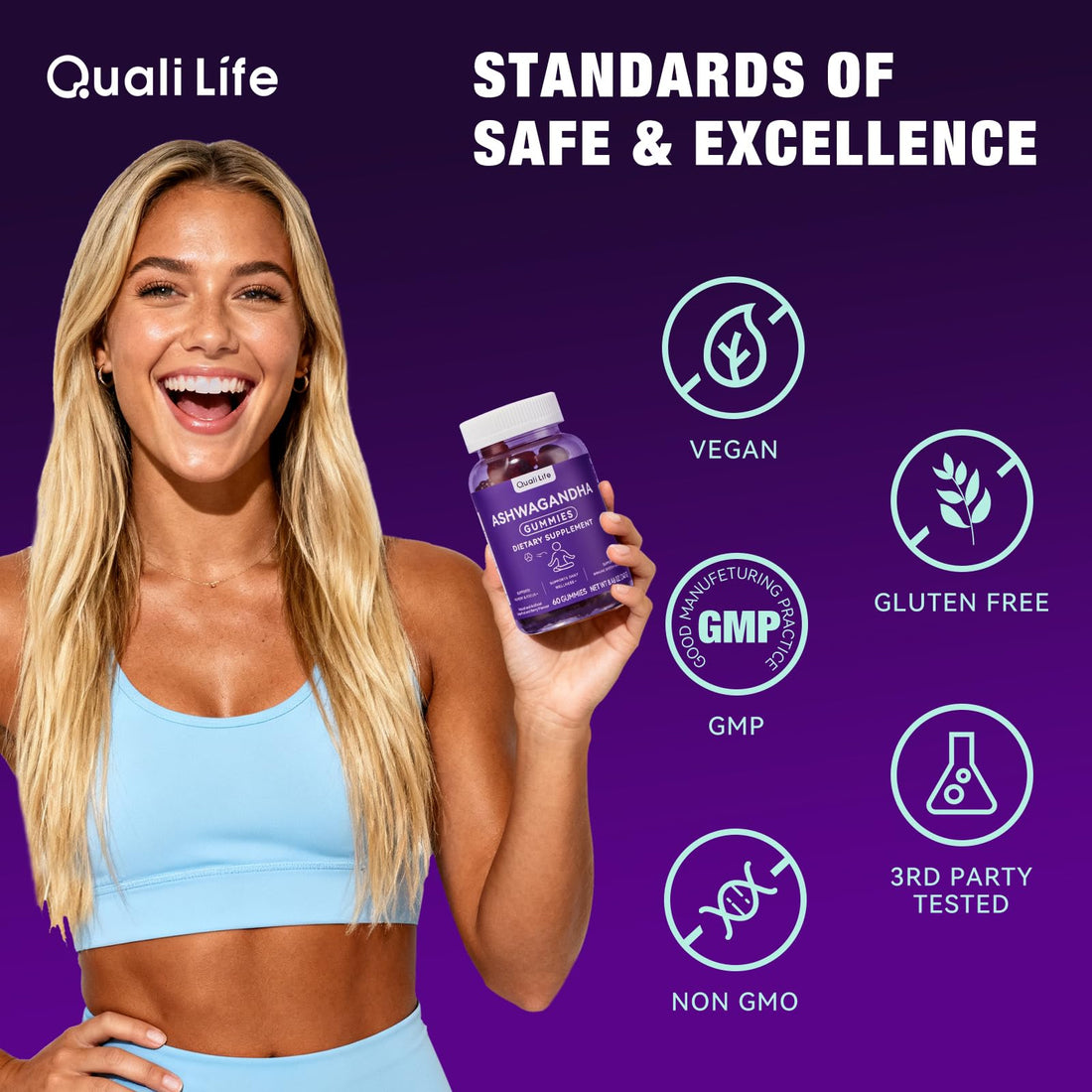QualiLife Ashwagandha Gummies for Relax & Cortisol Support – High Strength Root Extract with Cranberry & Chaste Tree, Grapefruit & Berry Flavour – Vegan, Non-GMO, Gluten-Free – 60 Gummies (30 Days) - OzHealthStandard