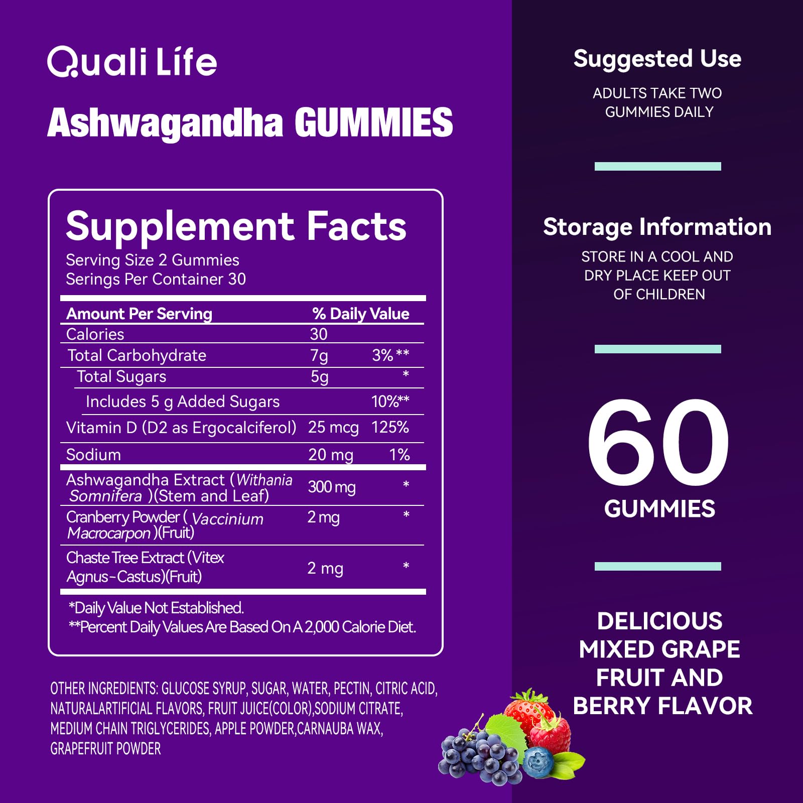 QualiLife Ashwagandha Gummies for Relax & Cortisol Support – High Strength Root Extract with Cranberry & Chaste Tree, Grapefruit & Berry Flavour – Vegan, Non-GMO, Gluten-Free – 60 Gummies (30 Days) - OzHealthStandard