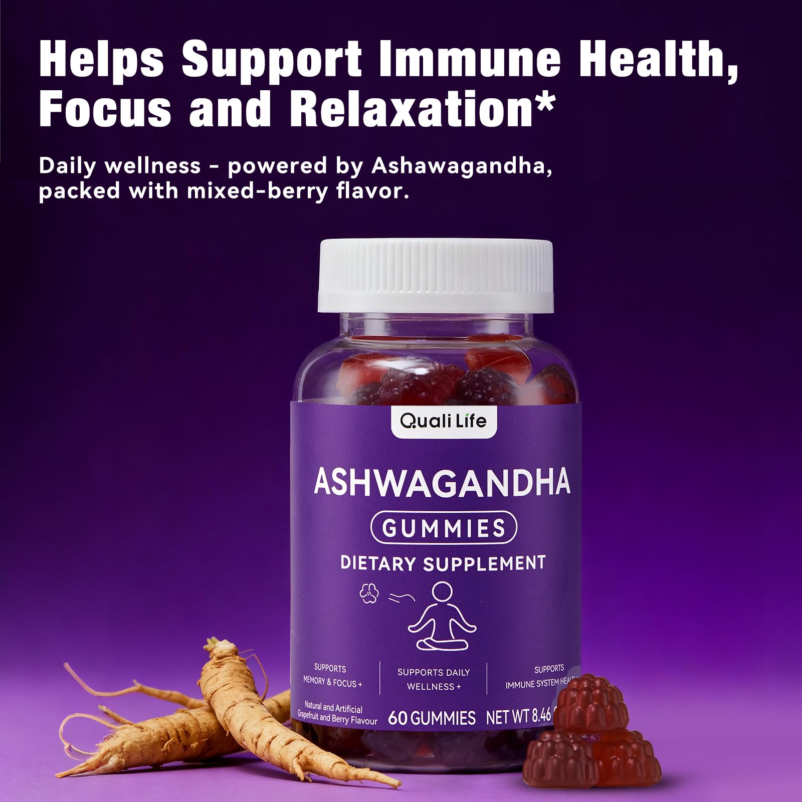 QualiLife Ashwagandha Gummies for Relax & Cortisol Support – High Strength Root Extract with Cranberry & Chaste Tree, Grapefruit & Berry Flavour – Vegan, Non-GMO, Gluten-Free – 60 Gummies (30 Days) - OzHealthStandard