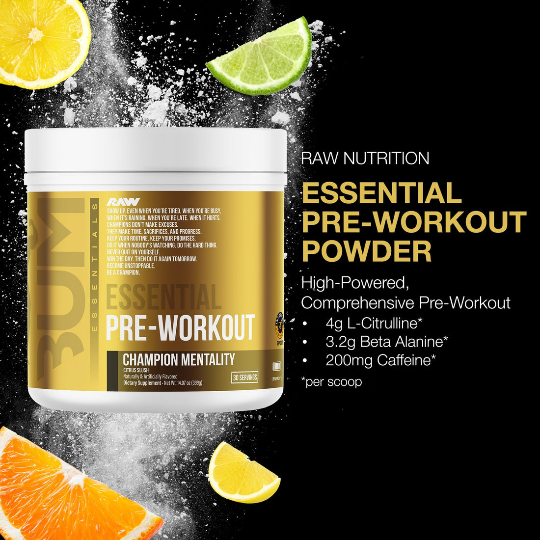 RAW Essential Pre-Workout Powder (Champion Mentality) - Chris Bumstead Sports Nutrition Supplement for Men & Women - Preworkout Energy Powder with Caffein - OzHealthStandard