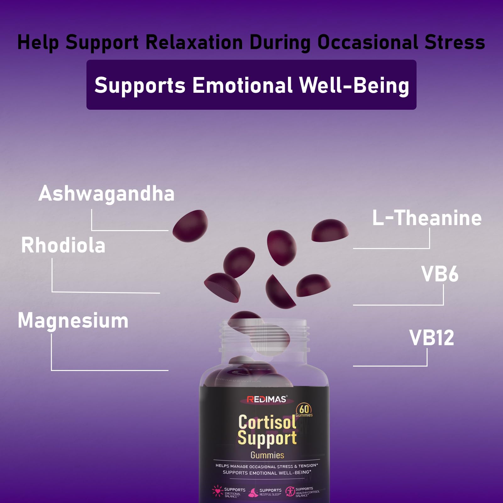 Redimas Cortisol Gummies for Women & Men with Ashwagandha, Magnesium, L-Theanine and Multivitamin, Vegan Chewable Gummies for Daily Lifestyle Balance, Convenient Adult Supplement, 60 Count - OzHealthStandard