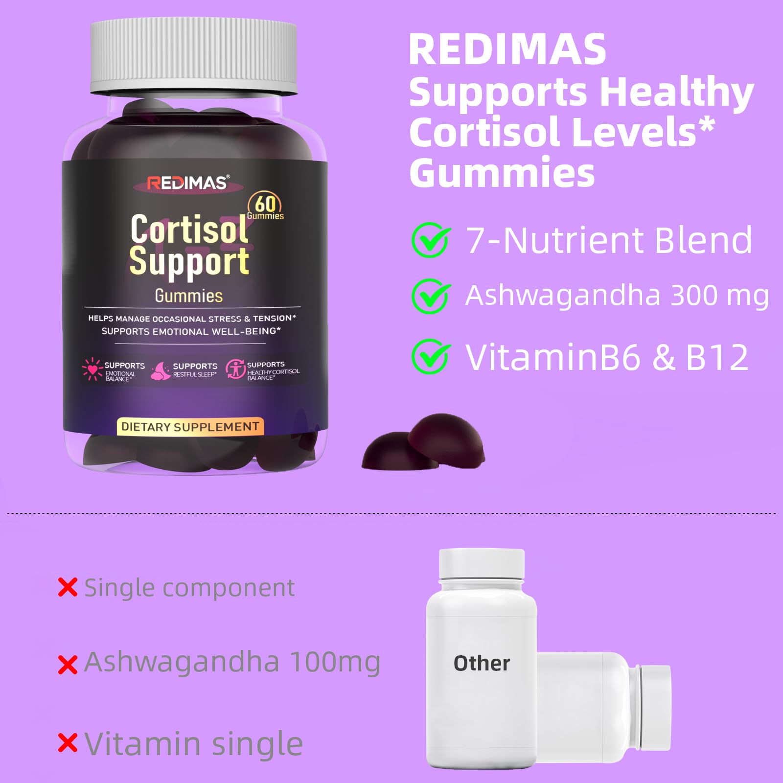 Redimas Cortisol Gummies for Women & Men with Ashwagandha, Magnesium, L-Theanine and Multivitamin, Vegan Chewable Gummies for Daily Lifestyle Balance, Convenient Adult Supplement, 60 Count - OzHealthStandard