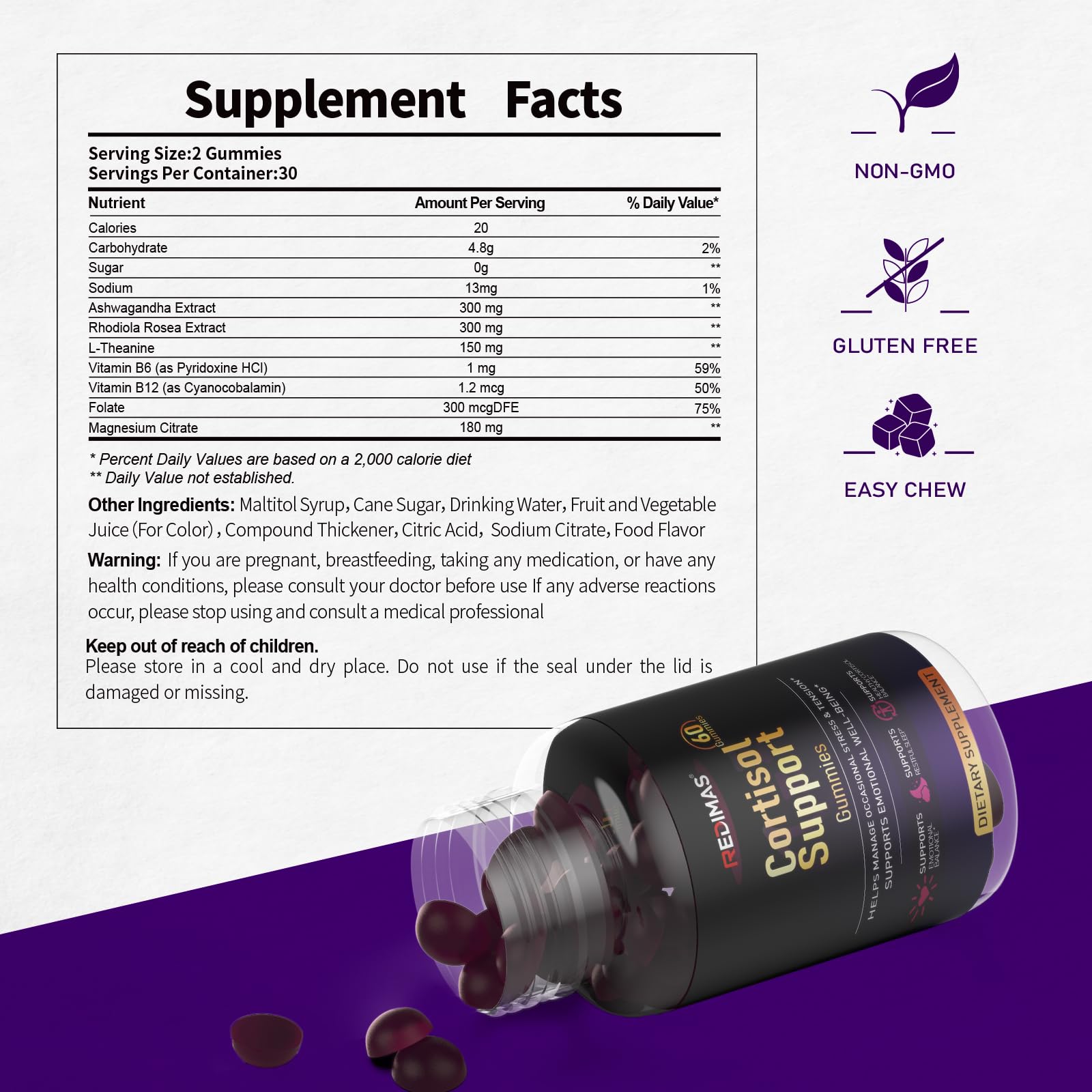 Redimas Cortisol Gummies for Women & Men with Ashwagandha, Magnesium, L-Theanine and Multivitamin, Vegan Chewable Gummies for Daily Lifestyle Balance, Convenient Adult Supplement, 60 Count - OzHealthStandard