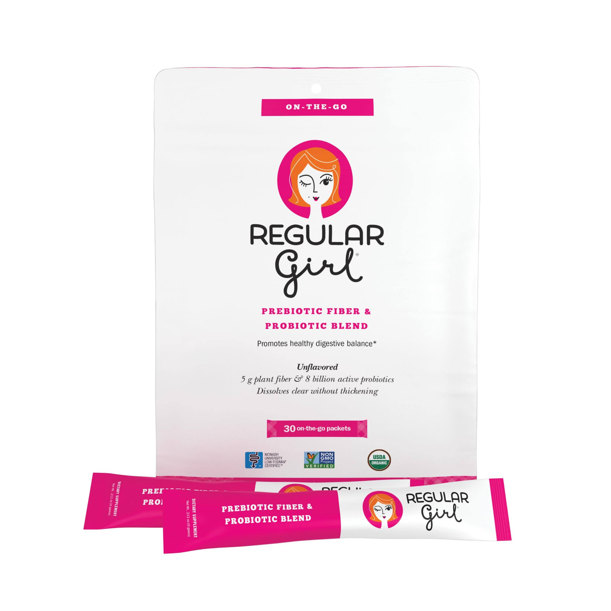 Regular Girl Organic Powder, Prebiotic Fiber Supplement and Probiotics for Women, Low FODMAP, 30 On-The-Go Packets, Unflavored, 30 Serving Packets - OzHealthStandard