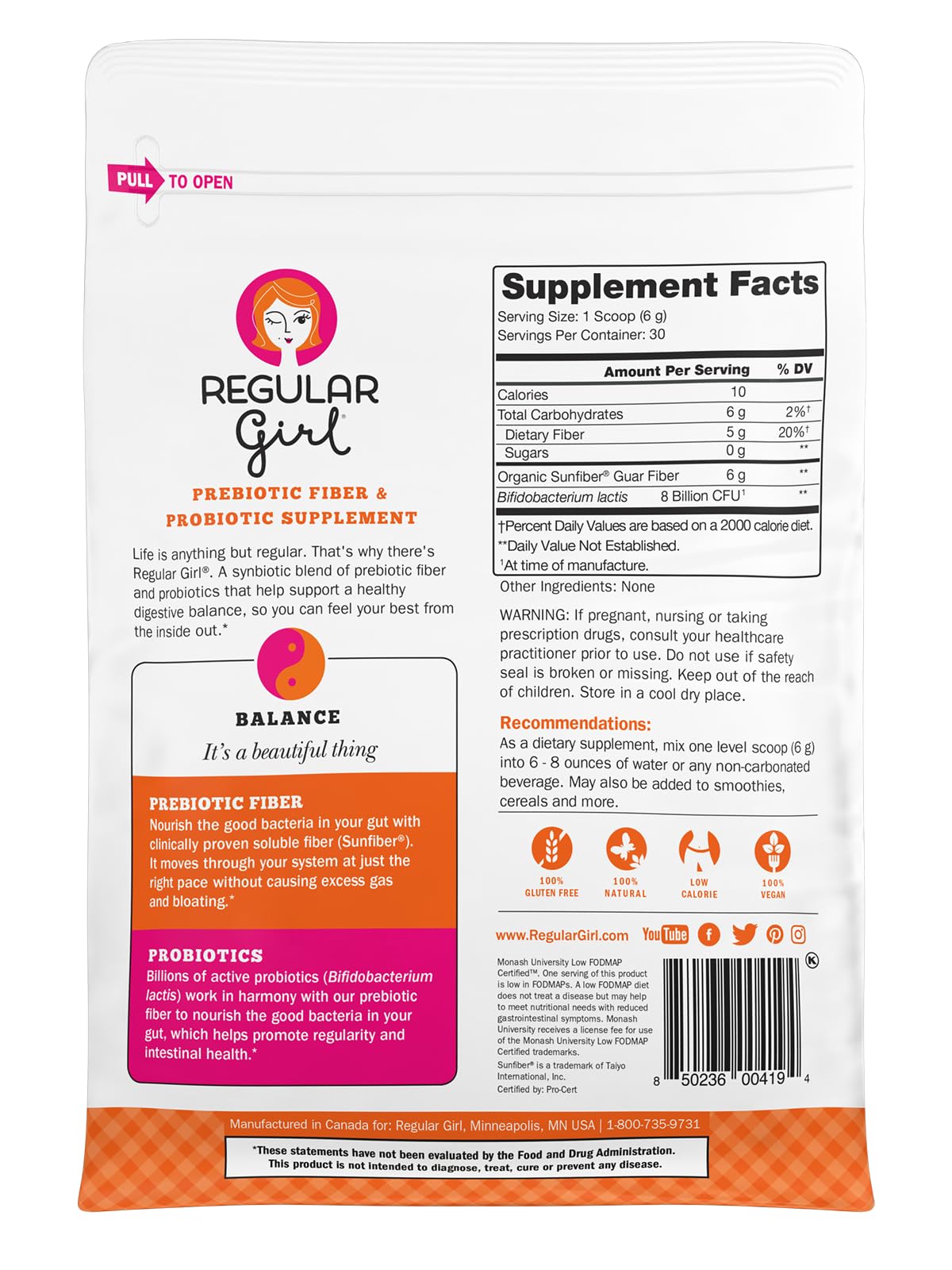 Regular Girl Organic Powder, Prebiotic Fiber Supplement and Probiotics for Women, Low FODMAP, 30 Servings, Unflavored - OzHealthStandard