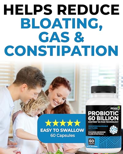 Renew Actives Probiotic Supplement for Digestive Health 60 Billion CFU per 2 Capsules - Advanced Formula with Prebiotic Benefits - Supports Gut Flora Balance & Wellness - Made in Canada - 60 Capsules - OzHealthStandard