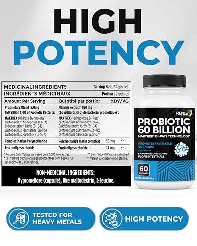 Renew Actives Probiotic Supplement for Digestive Health 60 Billion CFU per 2 Capsules - Advanced Formula with Prebiotic Benefits - Supports Gut Flora Balance & Wellness - Made in Canada - 60 Capsules - OzHealthStandard