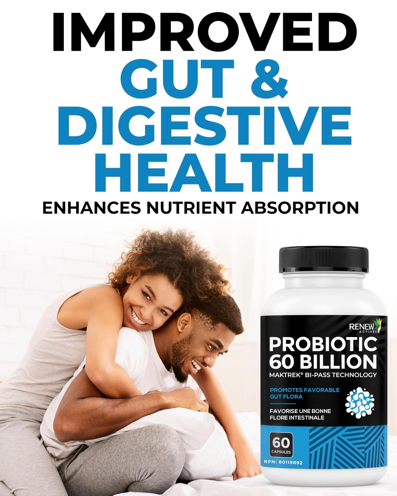 Renew Actives Probiotic Supplement for Digestive Health 60 Billion CFU per 2 Capsules - Advanced Formula with Prebiotic Benefits - Supports Gut Flora Balance & Wellness - Made in Canada - 60 Capsules - OzHealthStandard