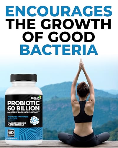 Renew Actives Probiotic Supplement for Digestive Health 60 Billion CFU per 2 Capsules - Advanced Formula with Prebiotic Benefits - Supports Gut Flora Balance & Wellness - Made in Canada - 60 Capsules - OzHealthStandard