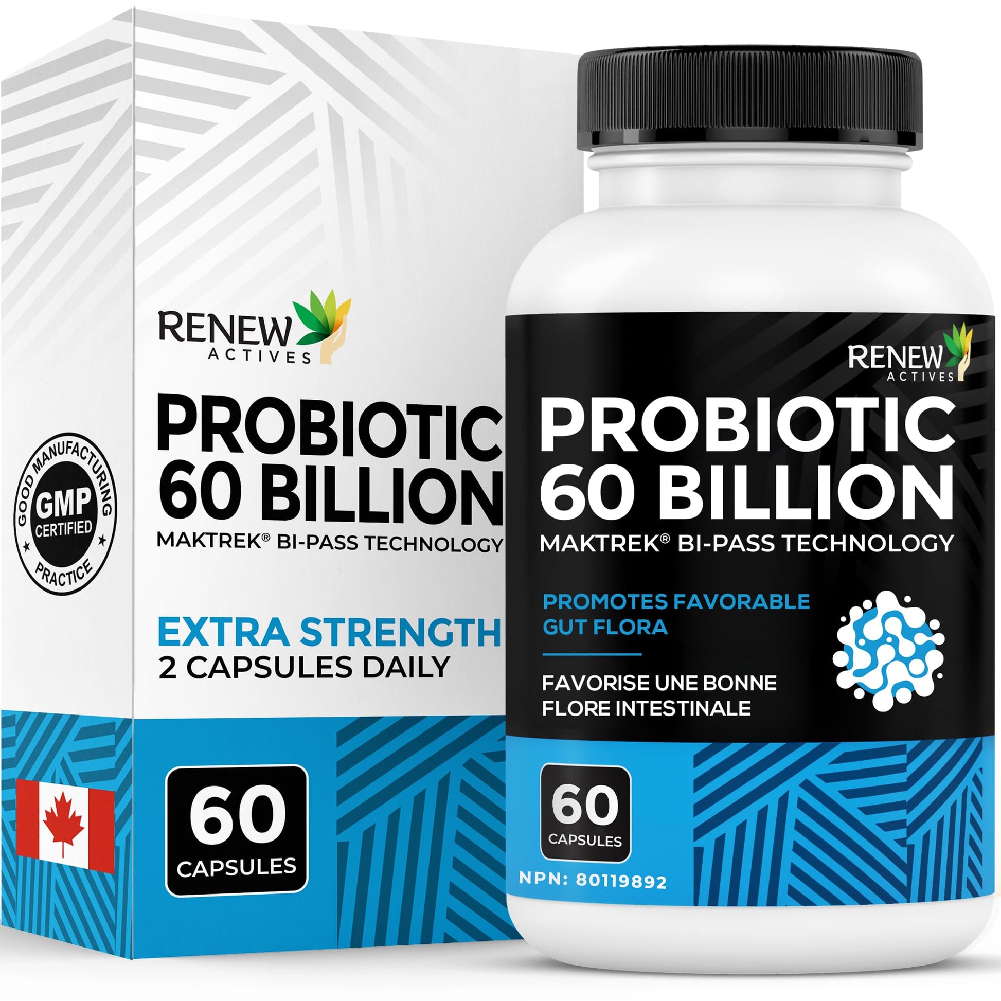 Renew Actives Probiotic Supplement for Digestive Health 60 Billion CFU per 2 Capsules - Advanced Formula with Prebiotic Benefits - Supports Gut Flora Balance & Wellness - Made in Canada - 60 Capsules - OzHealthStandard