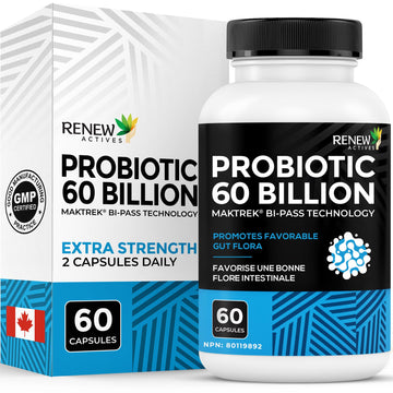 Renew Actives Probiotic Supplement for Digestive Health 60 Billion CFU per 2 Capsules - Advanced Formula with Prebiotic Benefits - Supports Gut Flora Balance & Wellness - Made in Canada - 60 Capsules - OzHealthStandard